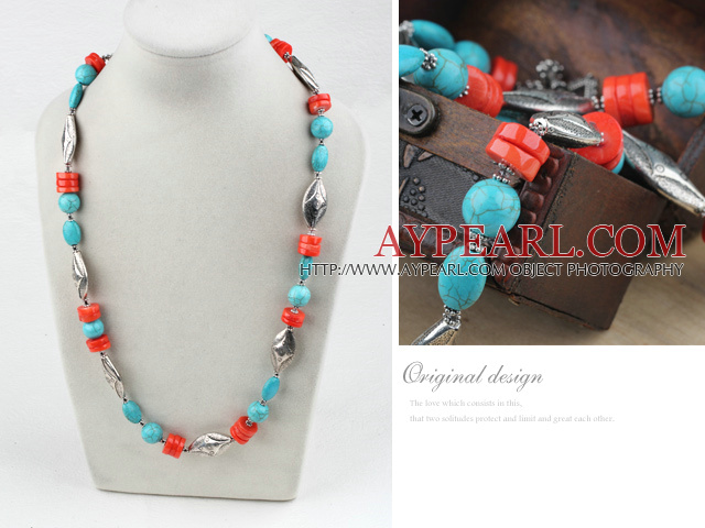 23.5 inches coral and turquoise necklace with toggle clasp