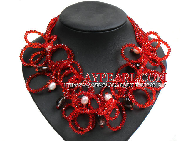 Speical Design Beautiful Natural White Pearl Smoky Quartz Red Crystal Statement Chunky Necklace