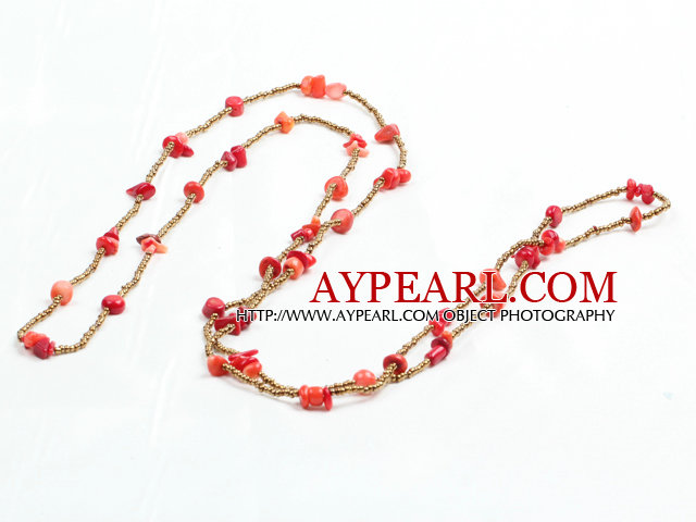 Mote Long Stil Red Coral Chips Gold Color perler halskjede