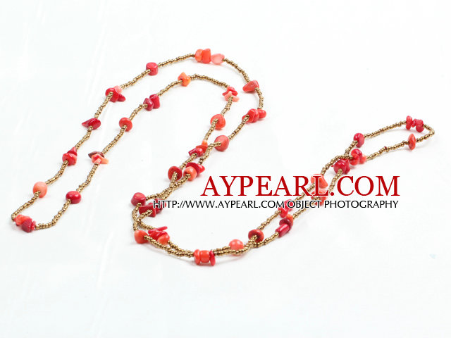 Fashion Long Style Red Coral Chips Gold Color Beads Necklace