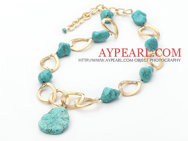 New Design Irregular Shape Turquoise and Golden Color Metal Chain Necklace