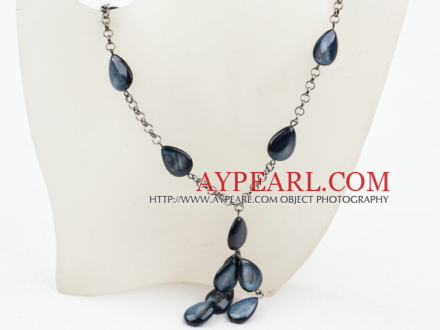 Drop Shape Blue Black Shell Necklace with Metal Chain