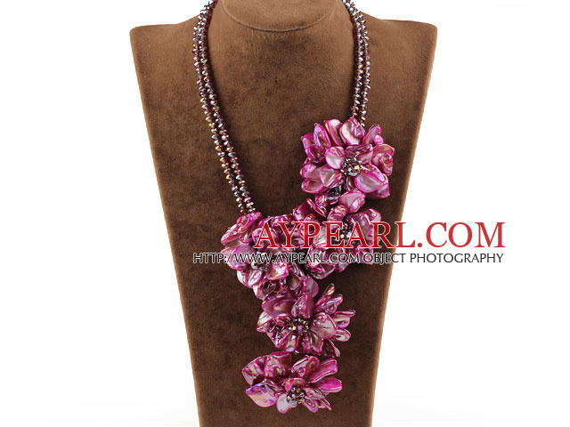 Big Style Hot Pink Shell Flower and Crystal Party Necklace