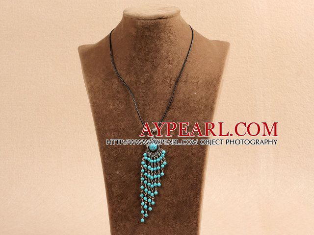 Simple Vintage Style Turquoise Tassel Pendant Necklace With Black Leather