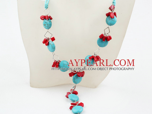 Y Style Turquoise and Red Coral Necklace with Lobster Clasp