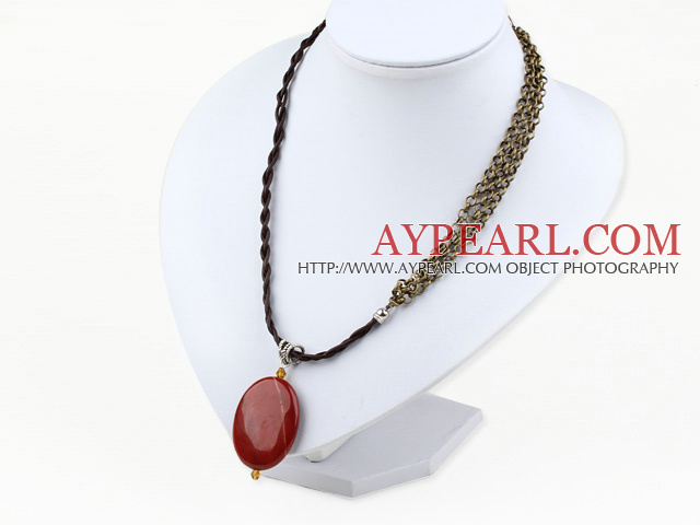 Beauitufl Simple Style Oval Red Jasper Pendant Necklace With Multi Strand Copper Chain