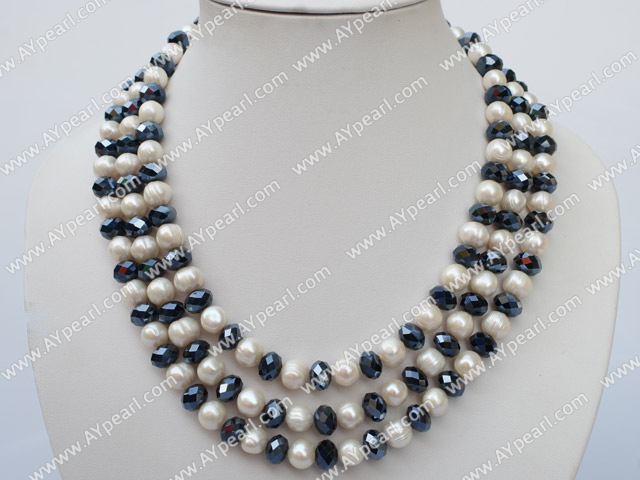 3 strand 8-10 white pearl and crystal necklace with lip shell clasp