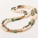 Длинные Стиль White Pearl пресной воды и Green Jade ожерелье камень