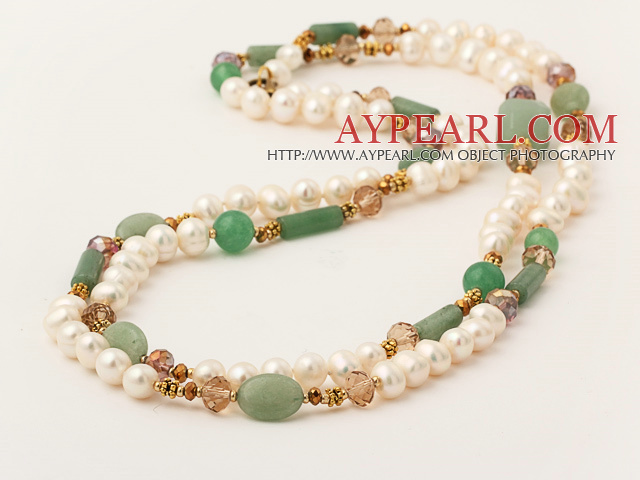 Lang stil Hvit Freshwater Pearl and Green Jade Stone halskjede