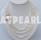 Popular Three Strand White Freshwater Pearl Necklace With Big White Pearl Metal Closure