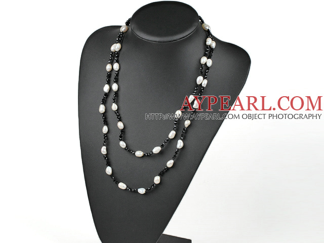 fashion long style white pearl and black crystal necklace
