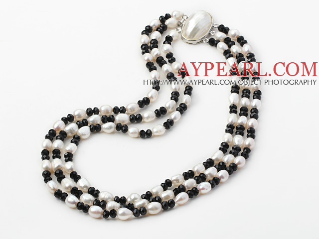 3 strand white pearl and black crystal necklace 