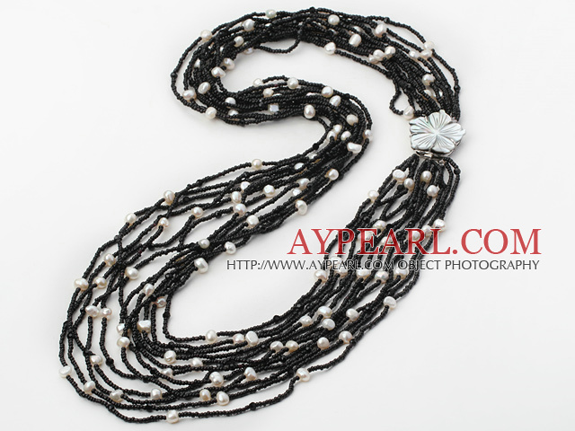 fashion multi strand long style white pearl and crystal necklace with sell flower clasp