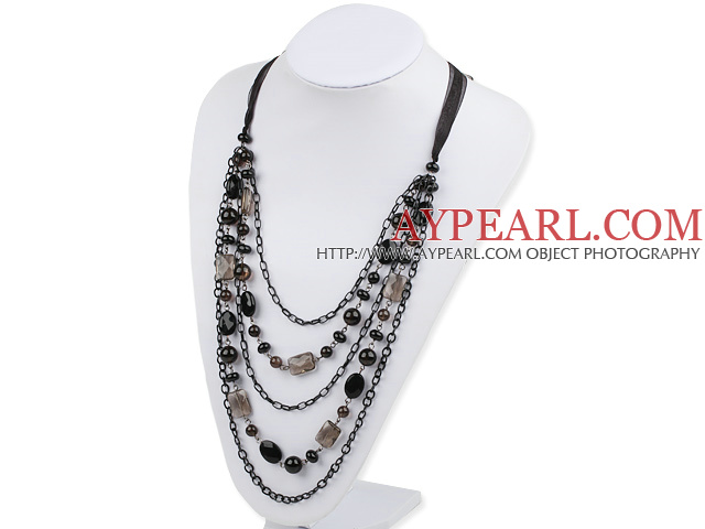 Fashion Multi Strand Layer Style Smoky Crystal And Balck Agate Loop Chain Necklace With Black Ribbons