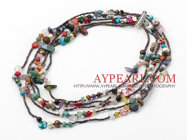 multi strand colorful stone pearl and crystal necklace