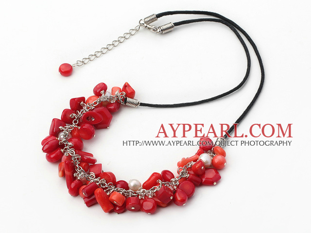 white pearl and red coral necklace with extendable chain