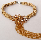 Golden Champagne Color Pearl Crystal Flower Tassel Necklace