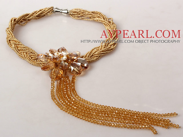 Golden Champagne Color Pearl Crystal Flower Tassel Necklace