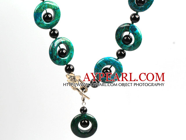 Black Agate and Phoenix Lariat Necklace with Flower Clasp