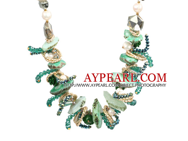 Speical Design Schöne Green Series natürliche Frischwasserperlen-Kristall Crystallized Agate klumpiger Halsketten-