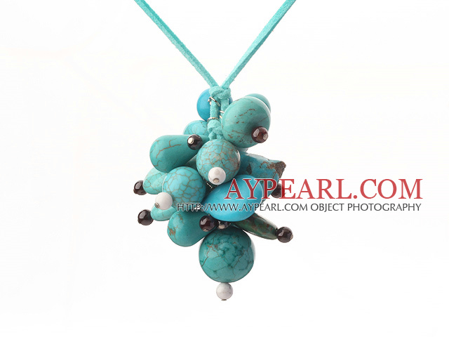 Lovely Cluster Style Mixed Shape Blue Turquoise And Round Garnet Pendant Necklace With Green Cords