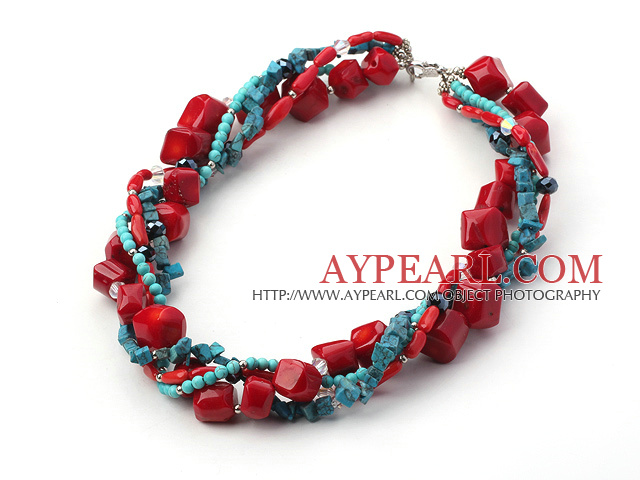 multi strand turquoise coral and crystal necklace