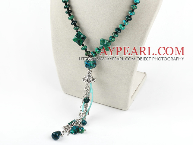 Nice Multi Phoenix Stone And Black Agate Long Chain Pendant Necklace