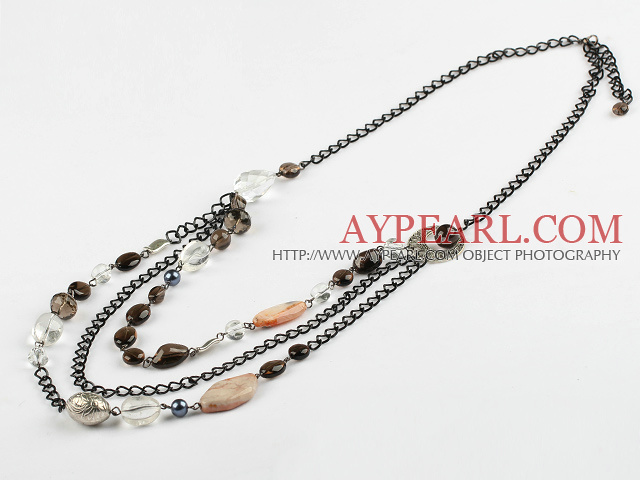 Nice Smoky Quartz And Multi Stone Metal Chain 3-Layer Necklace With Extendable Chain