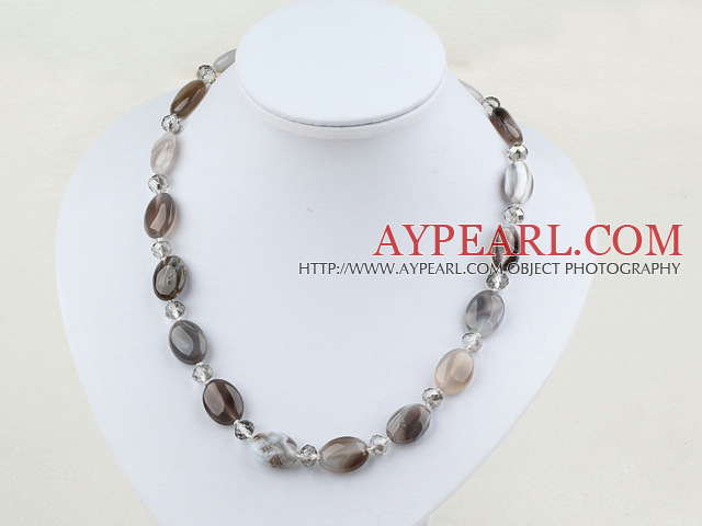Kristall und Achat grau Halskette mit Federring Verschluss