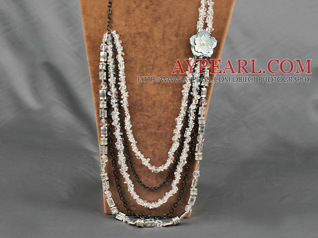 crystal and shell flower metal chain necklace