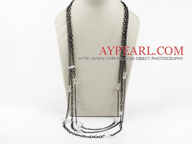 Fashion Multi Strand White Cubic Crystal And Long Metal Chain Necklace 