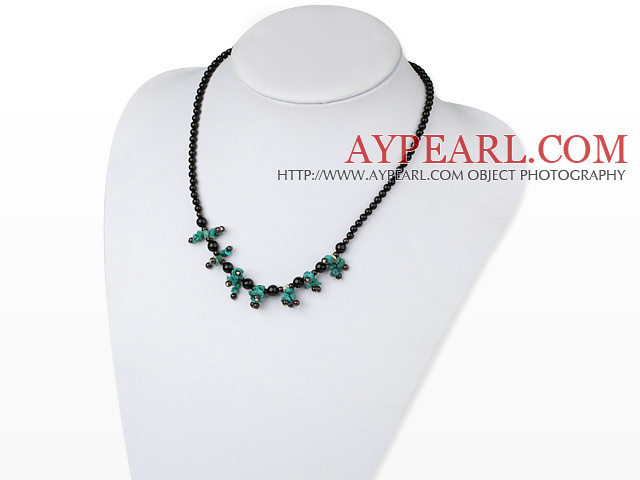 Fashion Round Black Agate Garnet And Green Turquoise Beaded Necklace