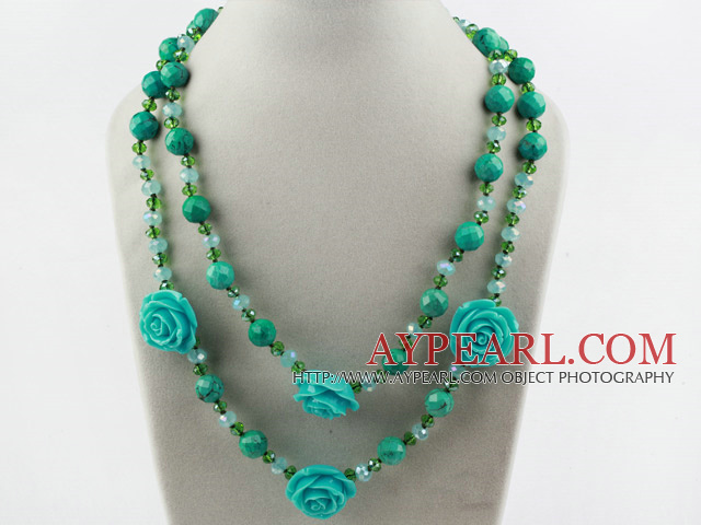 Long Style Xinjiang Turquoise and Crystal Flower Necklace