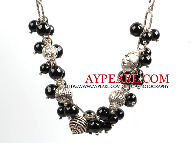 Fashion Style Black Agate and Tibetian Silver Accessories Charm Necklace with Metal Chain