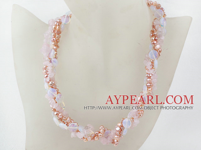Multi Strands Pink Freshwater Pearl and Rose Quartz and Opal Necklace