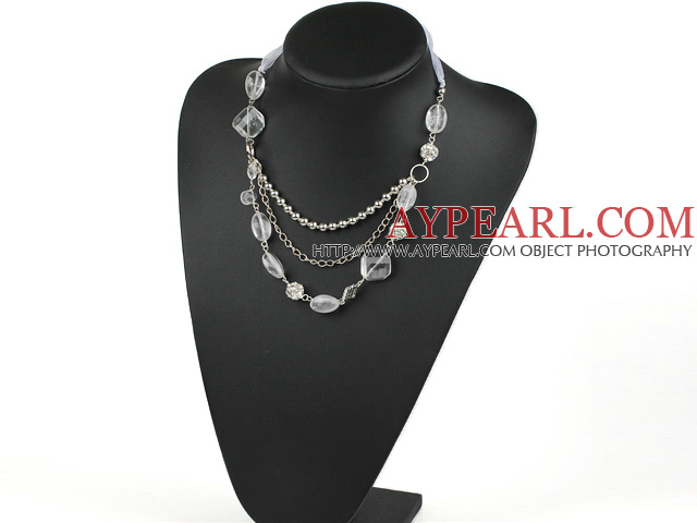 Fashion Clear Crystal And Metal Beads Loop Link Layer Necklace With White Ribbon