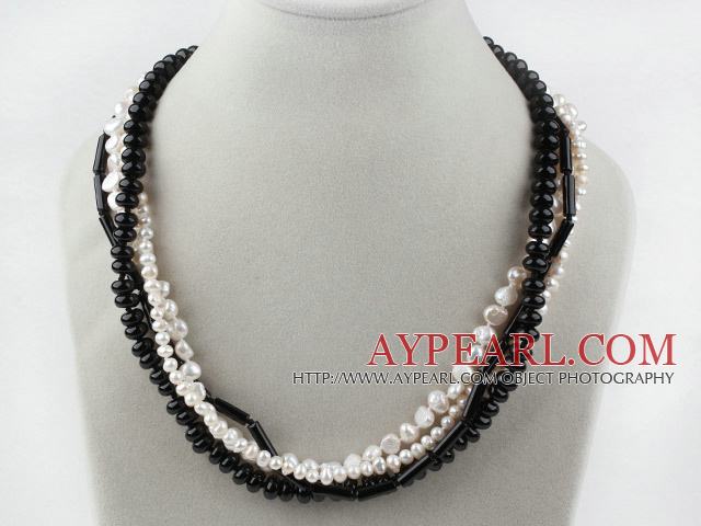 Multi Strand Black and White Freshwater Pearl and Black Agate Necklace with Moonlight Clasp