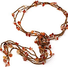 Fashion Red Chipped Carnelian And Golden Brown Glass Beaded Necklace, Y Shape Necklace