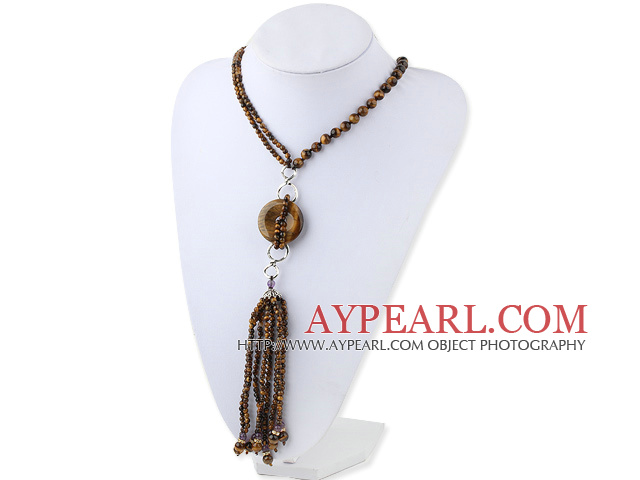 Fashion Style Tiger Eye Y Shape Tassel Necklace with Tiger Eye Donut