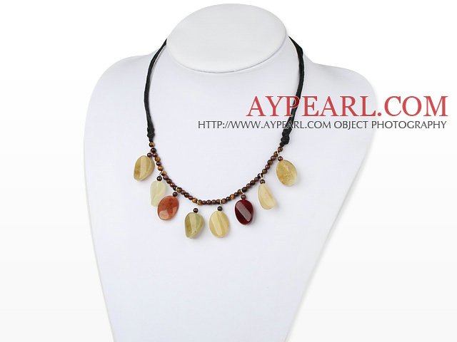 Lovely Tiger Eye Beads And Three-Colored Jade Black Threaded Necklace 