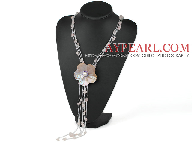 Elegant Mother Of Pearl Shell Flower And Rose Quartz Chips Y Shape Pendant Necklace