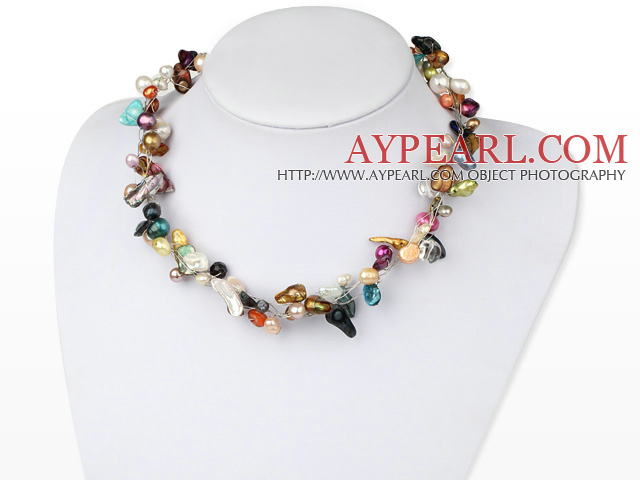 Fashion Multi Color Freshwater Blister Pearl Crochet Wired Necklace With Moonight Clasp