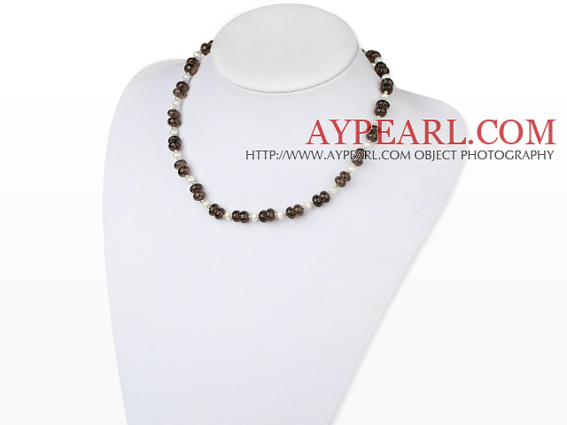 Classic White Freshwater Pearl And Smoky Quartz Beaded Necklace With Toggle Clasp