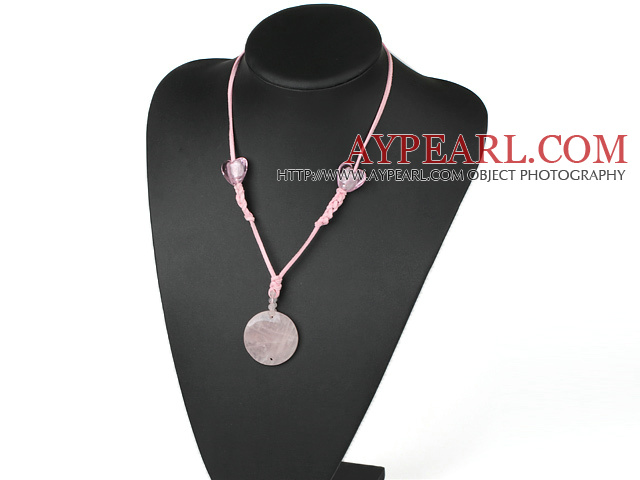Fashion Heart Shape Color Glaze And Flat Round Rose Quartz Pendant Necklace With Pink Cords