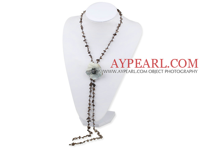 Beautiful Chipped Smoky Quartz And White Shell Black Pearl Flower Necklace, Sweater Necklace