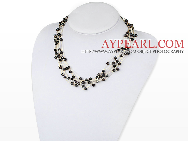 Popular Multi Strand Black Freshwater Pearl White Threaded Necklace With Lobster Clasp