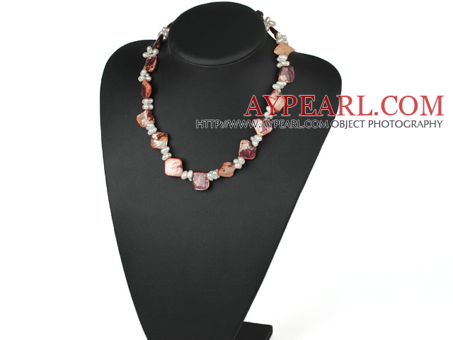 Popular White Freshwater Pearl And Wine Red Shell Necklace With Moonight Clasp