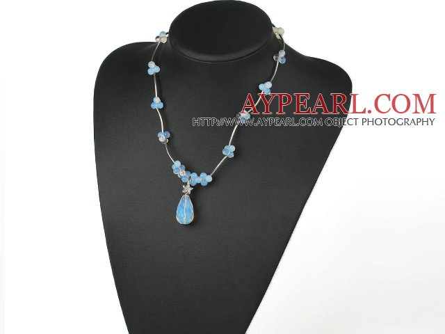 Elegant Tear Drop Opal Pendant With Metal Strand Necklace