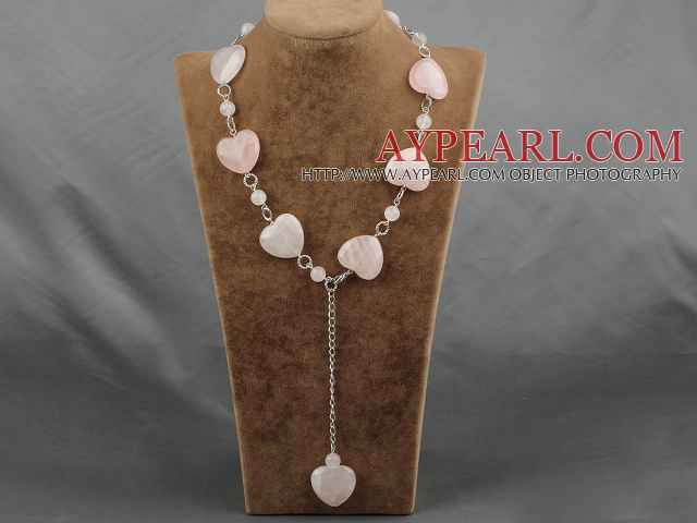 Favorite Round And Heart Shape Rose Quartz Necklace Loop Link Pendant Necklace