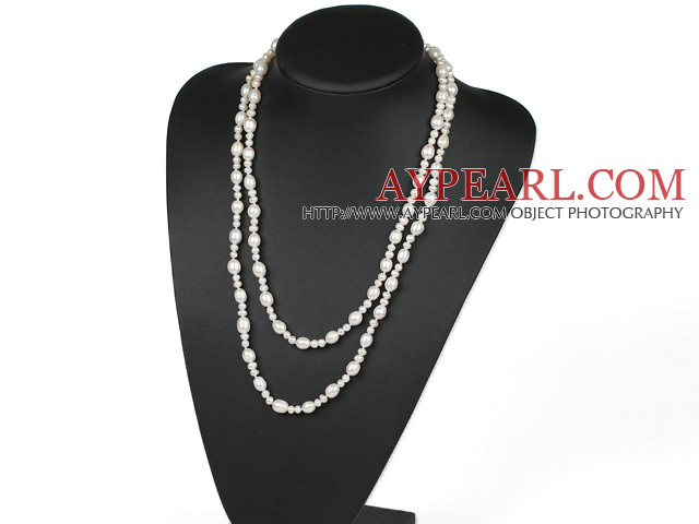 Long Style Natural White Fresh Water Pearl Beaded Necklace, Sweater Necklace 